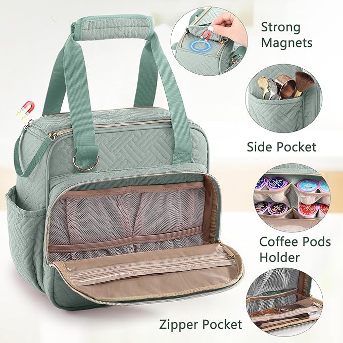 BAGSPRITE Coffee Maker Travel Bag Compatible with Keurig K-Mini Mate Full Open Carrying Case with Quilted Padded Soft Microfiber K--Cup Single Serve Coffee Maker Bag with Pod Organizer Mug Pockets