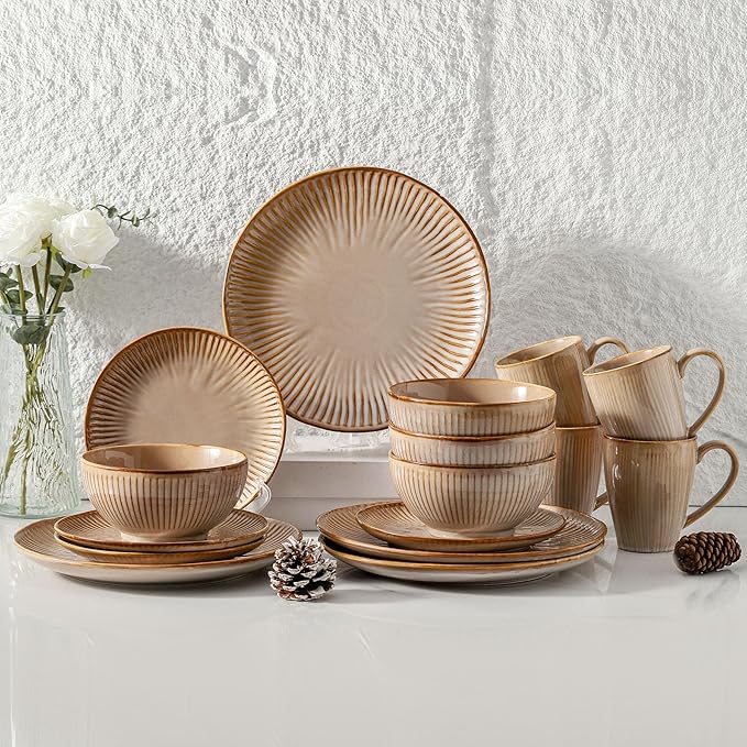 HVH Stoneware Dinnerware Sets 16 Pieces Plates and Bowls Sets Kitchen Dishes Set for 4 Dinner Dessert Plates Cereal Bowls and mugs for Party and Dinner Farmhouse Style (Sand Color)