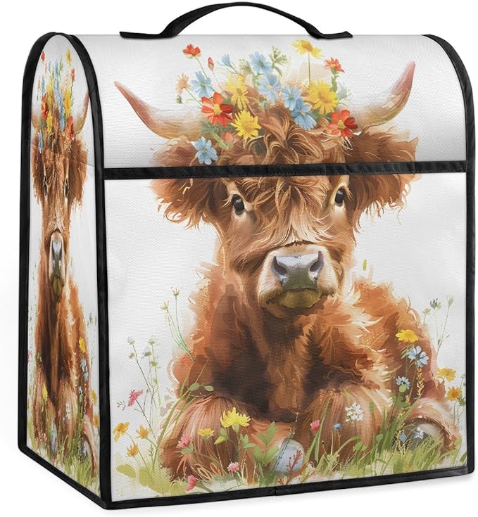 Kitchen Aid Mixer Cover Florals Highland Flower Cow Stand Mixer Cover Compatible with 6-8 Quarts Stand Mixers Dust Covers with Zipper Pocket Foldable Washable Kitchen Aid Organizer Bag