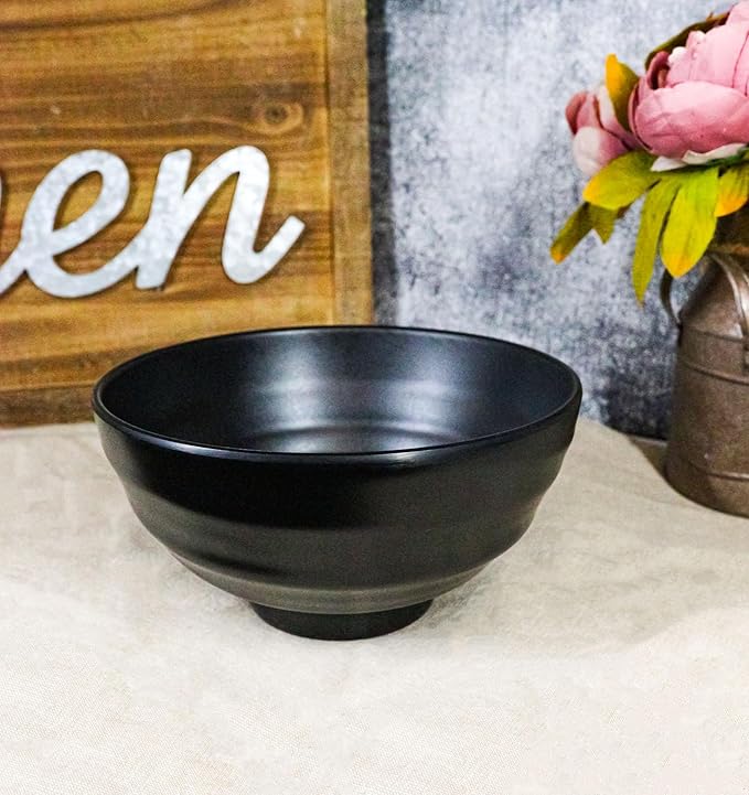 Ebros Gift Contemporary Ridged Matte Black Melamine Series Dinnerware Serveware Kitchenware Set Japanese Chinese Restaurant Supply (Pack Of 6 Round Deep Ramen Soup Pasta Salad Bowls 46oz)