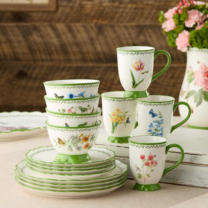 Mirabella 16-Piece Ceramic DINNERWARE SET SERVICE for FOUR with Artistic Floral Dinner Plates Salad Plates Mugs and Ice Cream Bowls Vibrant European-Inspired Tableware for Everyday Meals