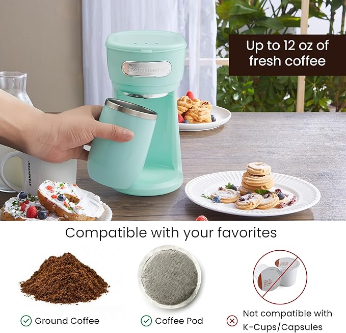 Elite Gourmet EHC242M Personal Single-Serve Compact Coffee Maker Brewer Includes 12oz. Dual Wall Travel Mug with Stainless Steel Interior Compatible with Coffee Grounds Reusable Mesh Filter Mint