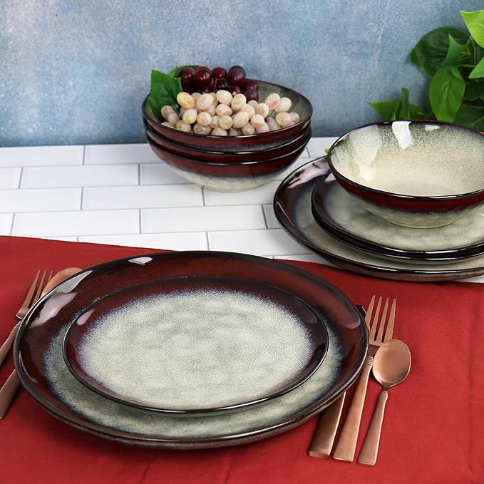 12 Piece Stoneware Dinnerware Set – Ombre Color Rim Plates and Bowls Microwave &amp Dishwasher Safe Dinner Set for 4 (Off White with Red Rim)