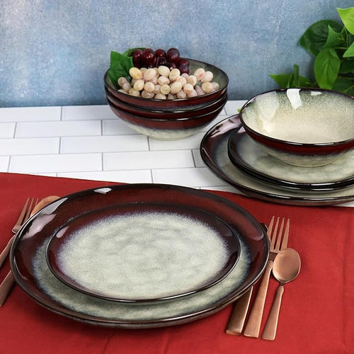 12 Piece Stoneware Dinnerware Set – Ombre Color Rim Plates and Bowls Microwave &amp Dishwasher Safe Dinner Set for 4 (Off White with Red Rim)