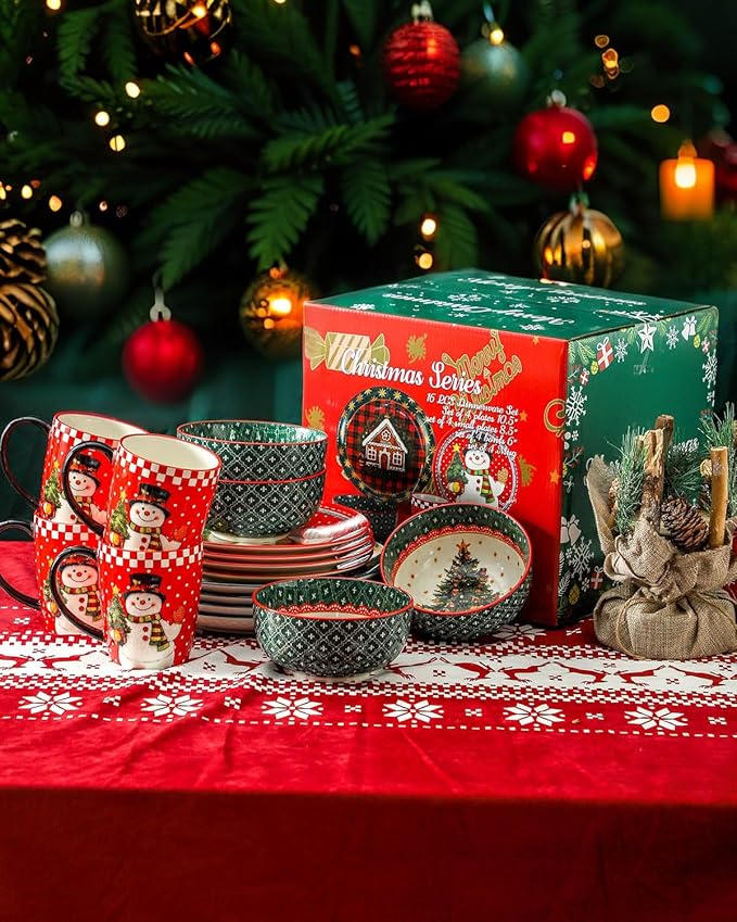 Hasense 16 Pcs Christmas Dishes and 42OZ Pasta Bowl Set of 4