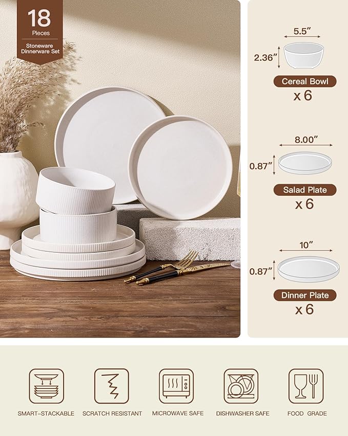 24-Piece Dinnerware Set for 8 Famiware Premium Stoneware Dish Set with Ribbed Plates and Deep Bowls Double Reactive Glaze Chip &amp Scratch Resistant Microwave &amp Dishwasher Safe Matte Reacti