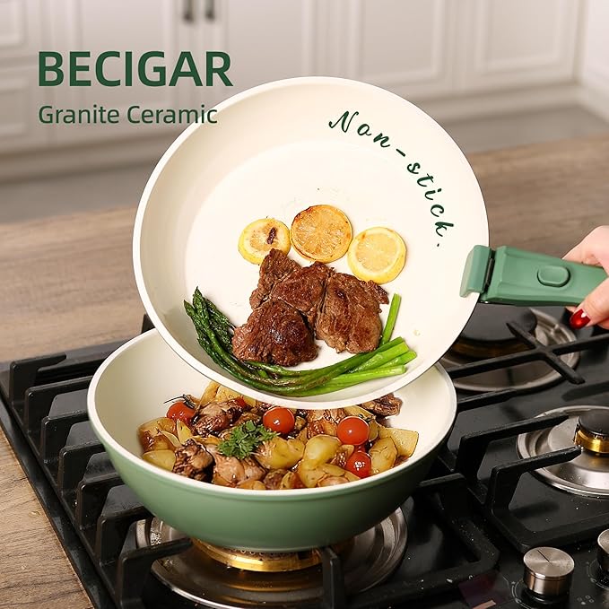 23pcs Ceramic Pots and Pans Set Nonstick Detachable Handle Cookware Induction Kitchen Cooking Set with Removable Handleinclude Frying Pans &amp Saucepans Oven Safe(Green)