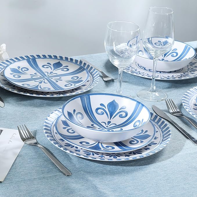 Melamine Dinnerware Sets for 4 12-Piece Plates and Bowls Sets - 4 Dinner Plates 4 Salad Plates 4 Cereal Bowls - Shatterproof &amp Lightweight for Indoor/Outdoor Dining Embossed Textures