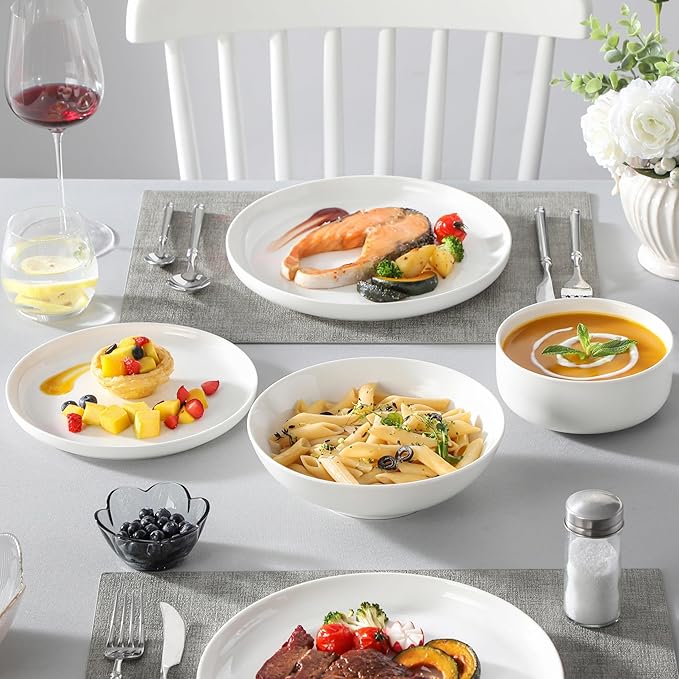MALACASA Plates and Bowls Sets 24 Pieces Modern Porcelain Dinnerware Set for 6 Ceramic Dishware Dishes White Kitchen Dinner Dining Ware Set Microwave and Dishwasher Safe Series LUNA
