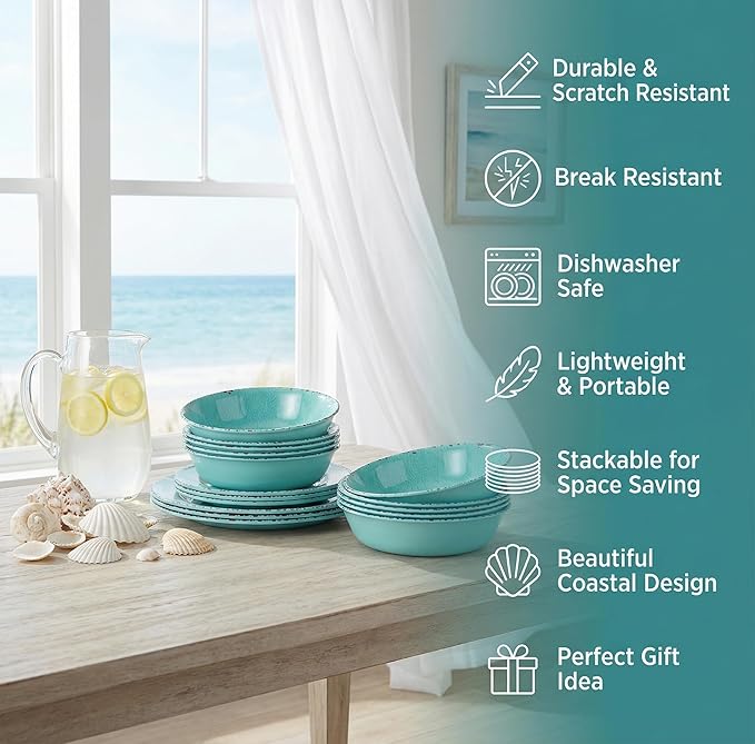 12 Pcs Melamine Dinnerware Sets Kitchen Plates and Bowls Set Camping Picninc Serving Dishes for Indoor Outdoor Dinner Plates Dishwasher Safe BPA Free Unbreakable Round Plates Turquoise