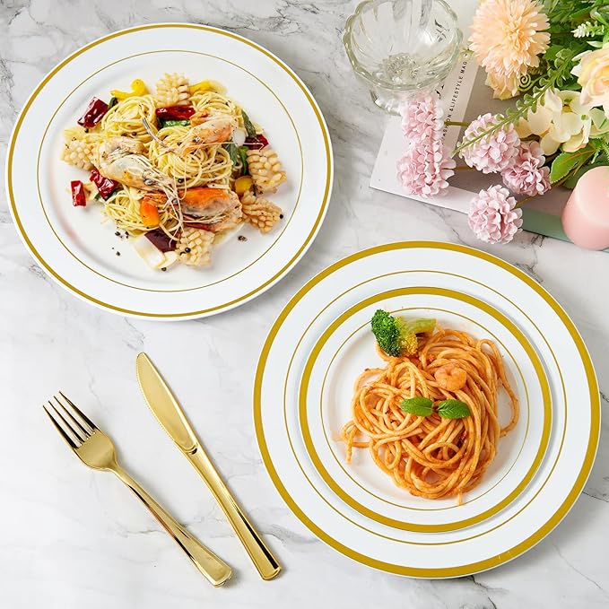 JollyPack 100 Piece Disposable Gold Plastic Party Plates Including 50 10 Inch Dinner Plates and 50 7 Inch for Dessert Great for Parties Weddings Home Use and Thanksgiving