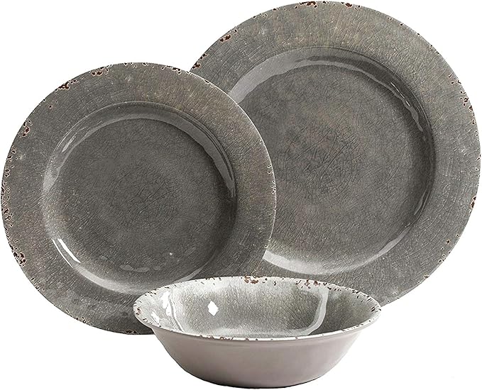 Misc Studio California 12 Piece Dinnerware Set in Gray Crackle Look Decal Grey Coastal Modern Contemporary Round Melamine Piece Dishwasher Safe