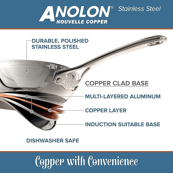 Anolon Nouvelle Stainless Steel Sauce Pan/Saucepan with Lid 3.5 Quart Silver