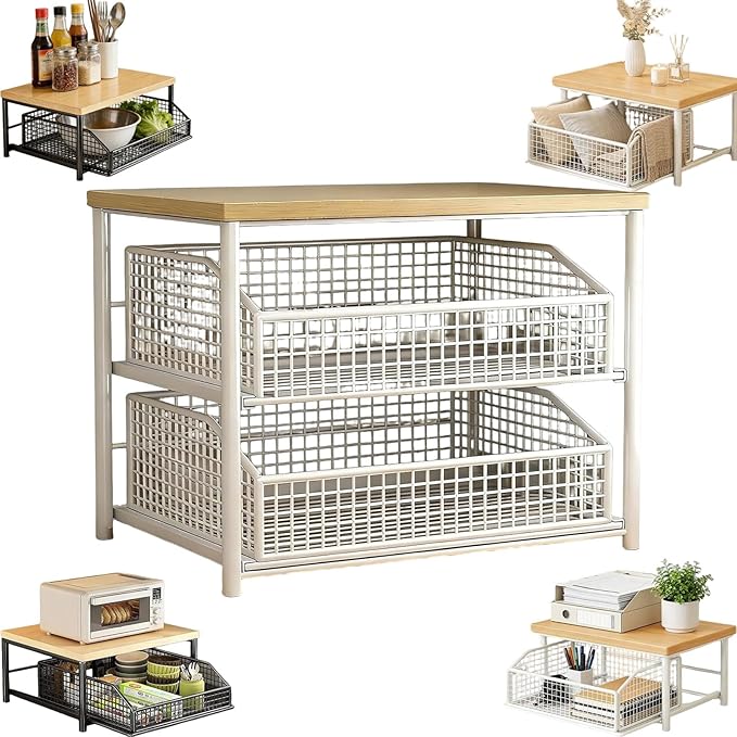 Kitchen Countertop Organizer with Drawer and Wire Basket 2-Tier Hardwood Shelf Space-Saving Storage for Microwave Coffee Maker Toaster Kitchenware (Double Deck-White)