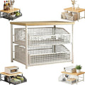 Kitchen Countertop Organizer with Drawer and Wire Basket 2-Tier Hardwood Shelf Space-Saving Storage for Microwave Coffee Maker Toaster Kitchenware (Double Deck-White)