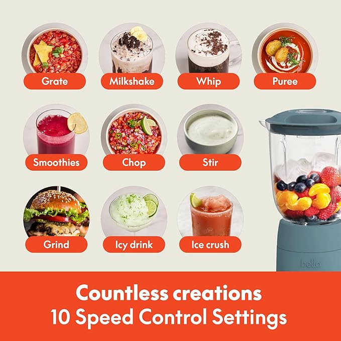 bella 10 Speed Countertop Blender Juicer &amp Smoothie Maker Fits-anywhere™ Kitchenware Slim Flip &amp Store Design Dishwasher Safe 48oz Capacity Pitcher &amp Lid Stainless Steel Blade 450 Wa