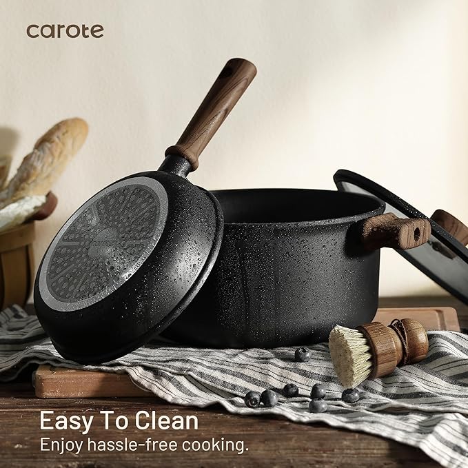 CAROTE 44pcs Nonstick Kitchen Titanium Cookware Sets Nonstick Pots and Pans Induction Cookware Set Kitchen Cooking Sets Non Stick w/Frying PanBlack