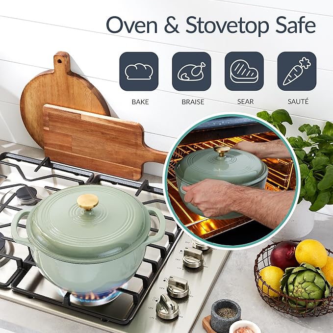 Best Choice Products Non-Stick Pot &amp Pan Cookware Set Cast Iron 2Qt Skillet W/Lid 10 Grill Or Griddle Pan W/Press 6Qt Enameled Dutch Oven Non-toxic For Cooking &amp Grilling - Sage