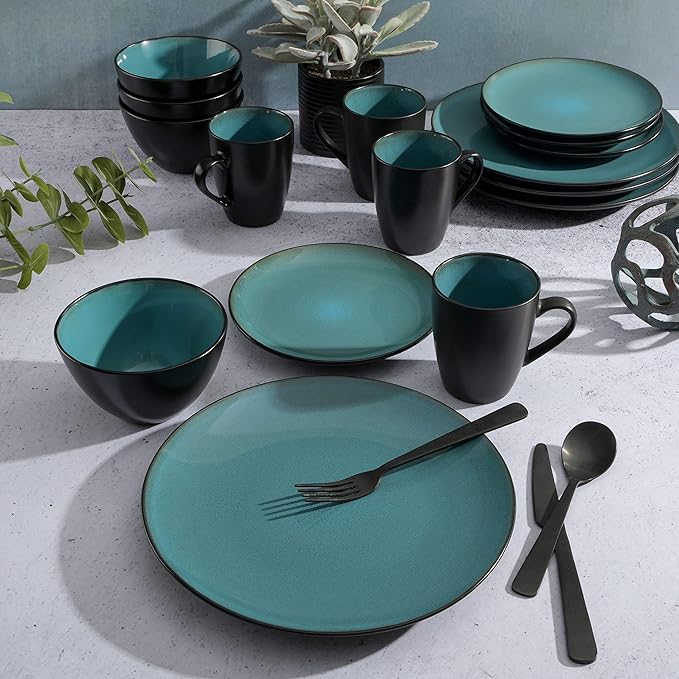 Gibson Elite Soho Lounge 16-Piece Round Reactive Glaze Stoneware Dinnerware Set Service for 4 – Teal Plates and Bowls