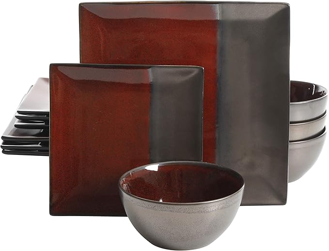 Gibson Elite Decadence 12 Piece Reactive Glaze Dinnerware Set Service for 4 Red with Reactive Metallic Color -