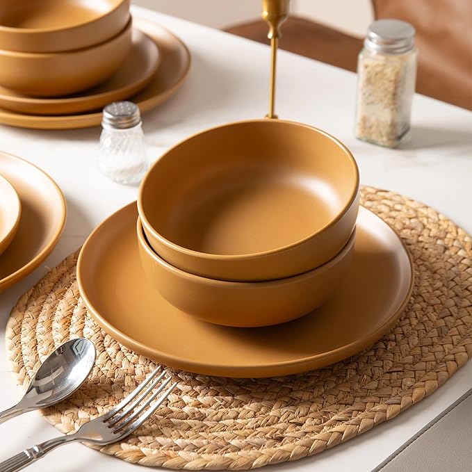 12-Piece Matte Orange Dinnerware SetStoneware Dinnerware for 4 Microwave &amp Dishwasher Safe Stackable Design for Kitchen and Dining - Plates and Bowls