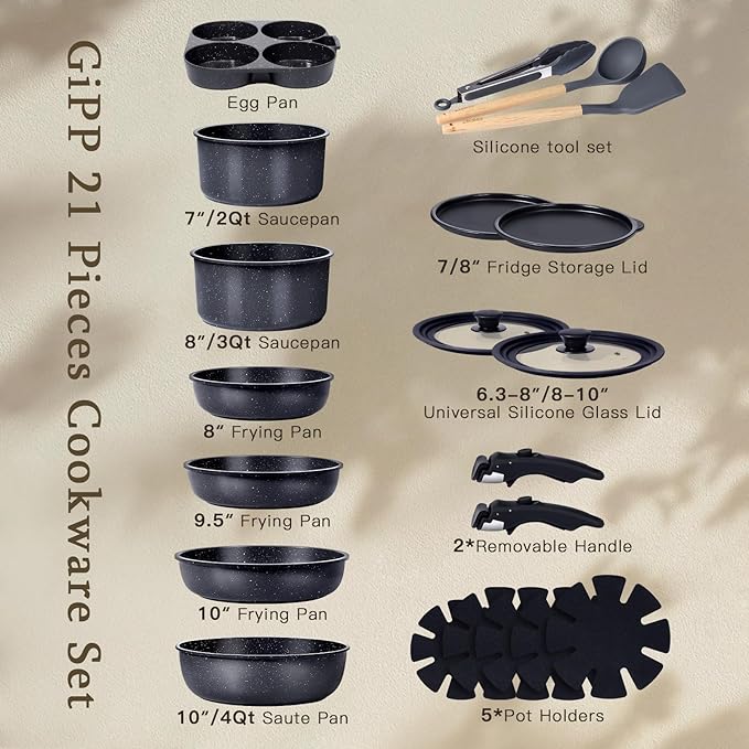 GiPP Ceramic Pots and Pans Set Non Stick Nonstick Detachable Handle Cookware Sets Healthy Non Toxic PFAS PFOA &amp PTFE Free Dishwasher ＆Oven Safe Induction Kitchen Pot and Pan 21 Piece Grey