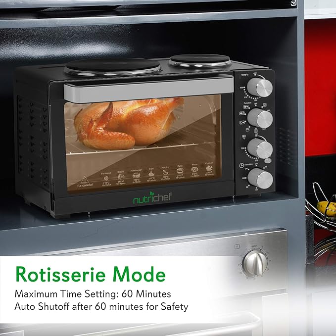 NutriChefKitchen 30 Quarts Kitchen Convection Oven - 1400 Watt Countertop Rotisserie Roaster Grill Top Rack Dual Hot Plates Toaster Baking Tray PKRTO29