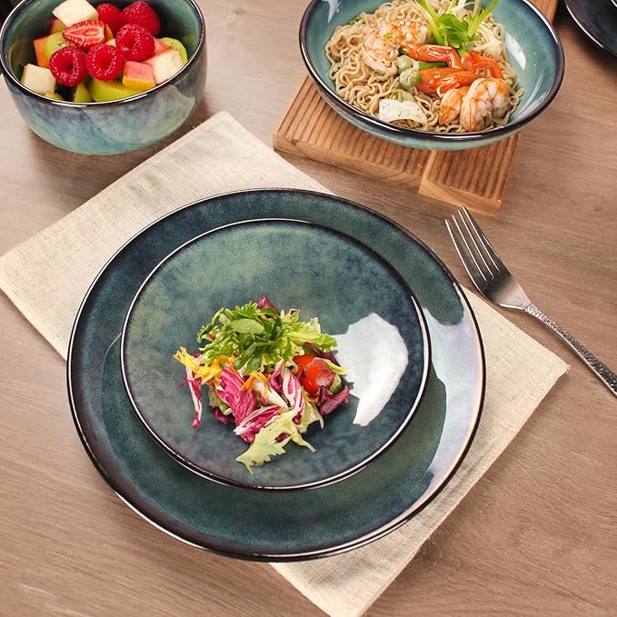 Ceramic Dinnerware (16 pcs) Serve 4 people Plates and Bowls Sets Reactive Glaze Dishes Set Chip Resistant and Scratch Resistant Dishwasher Microwave Safe Suitable for dinner parties
