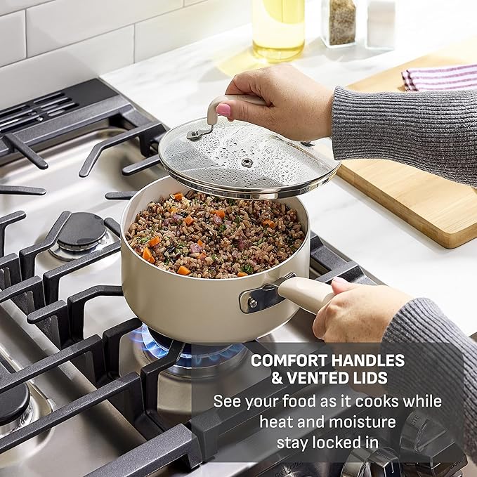 T-Fal Signature Nonstick 12 Piece Cookware Set Oven Safe Up to 350°F Dishwasher Safe Pots and Pans Set Includes Frying Pans Saucepan Stockpot Cooking Utensils Beige