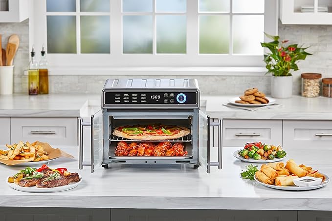 BLACK+DECKER Crisp 'N Bake Air Fryer Toaster Oven Combo 12 in 1 Countertop Convection Oven Cooks Food Fast Fits a Whole Pizza or 6 Toast Slices French Doors with Stainless Steel Finish
