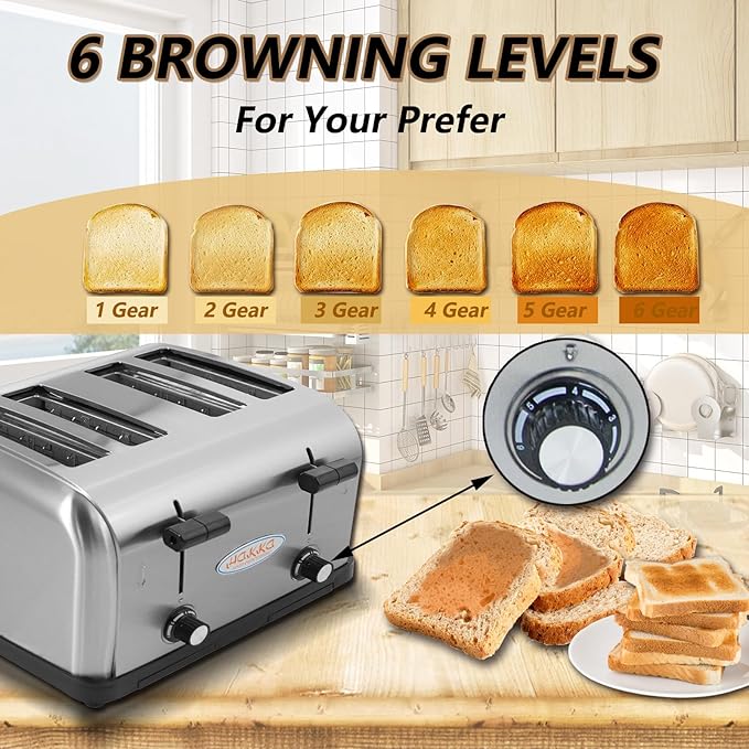 CLIVIA 4 Slice Toaster Commercial Toaster for Restaurant Hamburger Bread Bagels Heating Oven Automatic Pop-Up with Extra Wide 4 Slots 6 Browning Levels 1800W 110V
