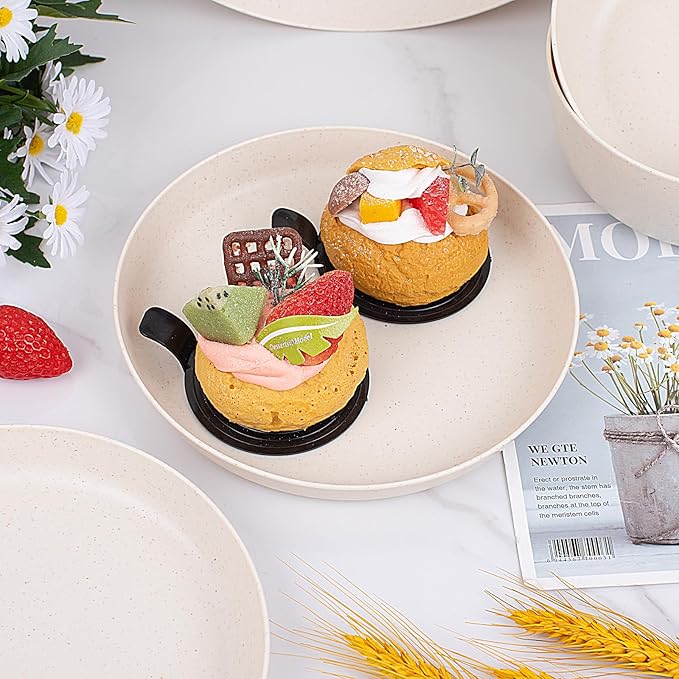 EI 12pcs Wheat Straw Dinnerware Set of 4Reusable Plastic PlatesUnbreakable Dinner PlatesDeep Dinner Hard Premium Plastic PlateMicrowave Dishwasher Safe for CampingPicnincFamily Dinner