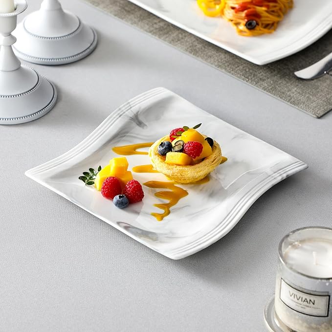 MALACASA Plates and Bowls Set 12-Piece Modern Porcelain Dinnerware for 4 Marble Square Ceramic Dish Set Microwave and Dishwasher Safe Flora Series