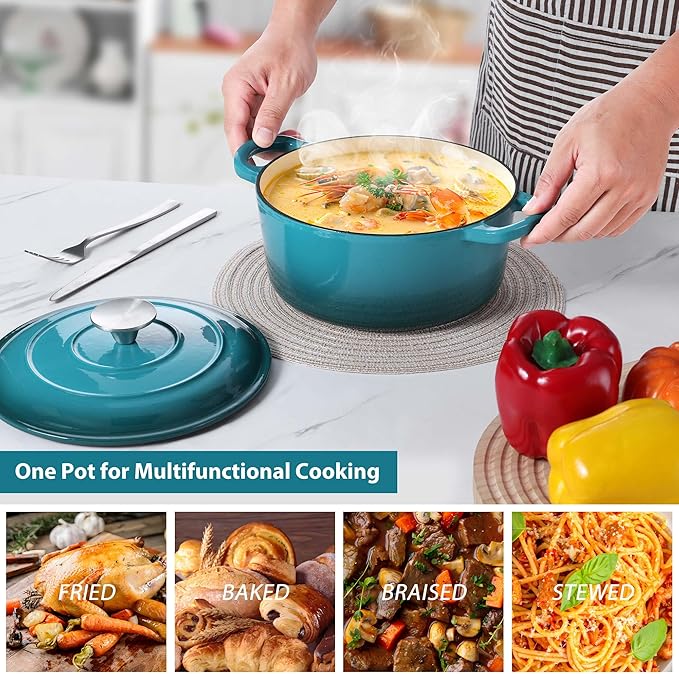 LIANYU Dinnerware Dish Sets for 4 3 QT Dutch Oven with Lid 12 Piece Stoneware Plates and Bowls Sets Enameled Cast Iron Dutch Oven Pot Kitchen Dinner Set for Dessert Salad Pasta