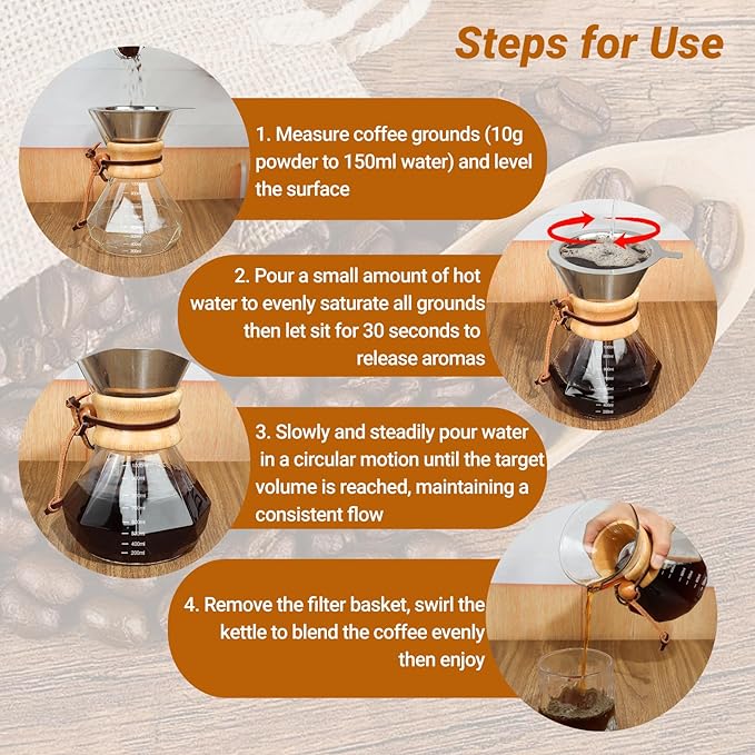 Coffee Pour Over 33.8oz 1000ml High Borosilicate Glass Pour Over Coffee Maker Set Camping with Reusable 304 Stainless Steel Filter Hand Brew Carafe Drip Suitable for Electric Ceramic Stove