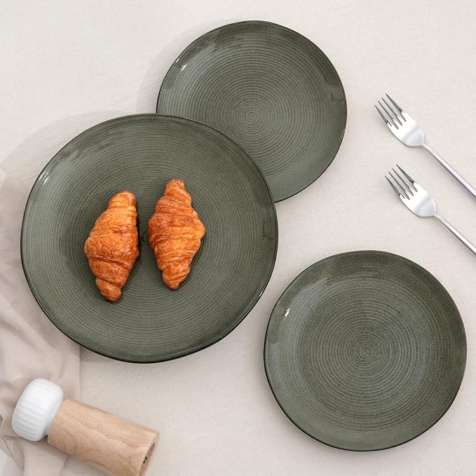 famiware Tempus 22 Pieces Dinnerware Sets Plates and Bowls Set for 6 40 oz Pasta Bowls for Serving - Dark Olive