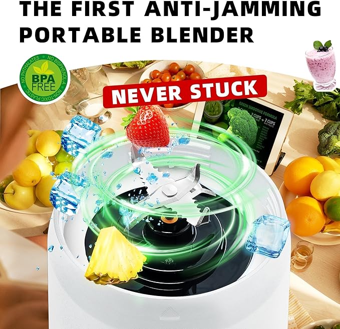 Portable Blender Anti-Jamming 300 Watt for Shakes and Smoothies 24oz Travel Blender USB Rechargeable BPA Free Sporty bottle with a Travel Lid. (Black Base Grey Lid) (White Base Green Lid)