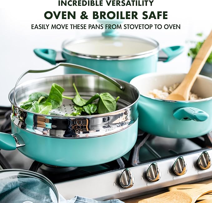 GreenPan Rio Healthy Ceramic Nonstick 16 Piece Cookware Pots and Pans Set PFAS-Free Dishwasher Safe Turquoise