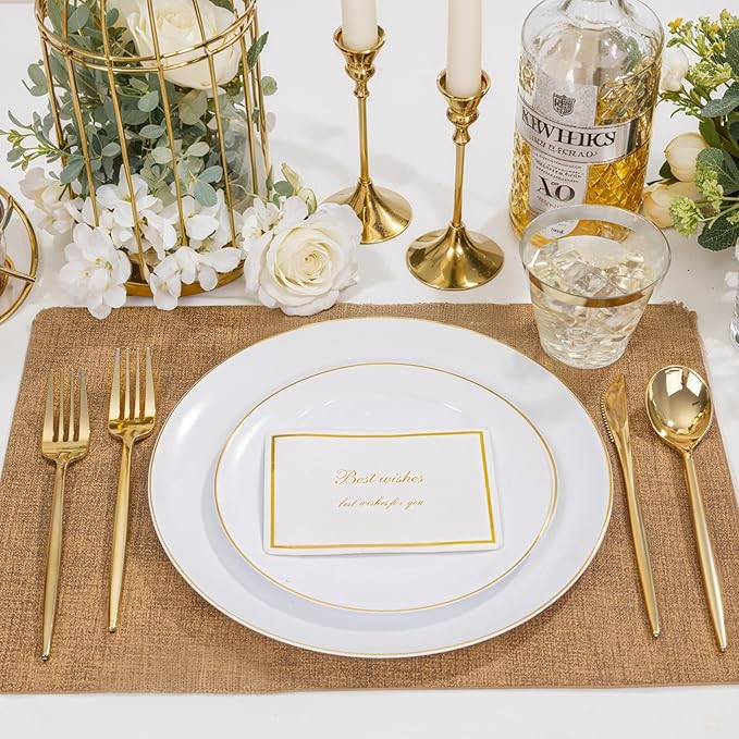 bUCLA 150PCS White and Gold Plastic Plates Disposable - 25 Guests Gold Dinnerware Set - Include 25 Each (Dinner &amp Dessert) Plates 25 Knives 25 Forks 25 Spoons &amp 25 Cups for Party