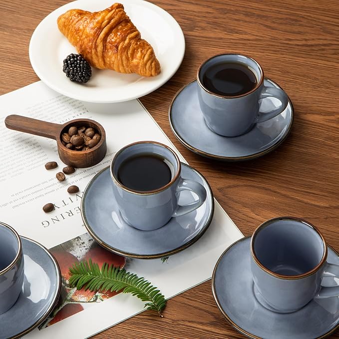 Famiware Aegean 12 Pieces Dinnerware Set + Ocean Espresso Cups with Saucers Set of 4 Microwave and Dishwasher Safe Blue