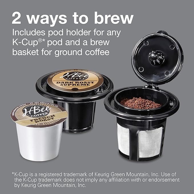 Proctor-Silex Single-Serve Coffee Maker Compatible with Pod Packs and Grounds 40 oz. Reservoir Makes Four 10 oz. Cups Without Refilling Black &amp Stainless Steel (49919)
