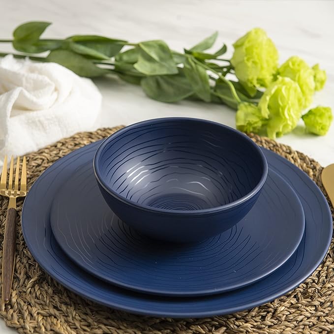Bzyoo 12 Piece Melamine Dinnerware Set - Durable Dishwasher Safe Organica Navy Blue Plates and Bowls Sets Casual Dish Set for Dining Outdoor and Kitchen