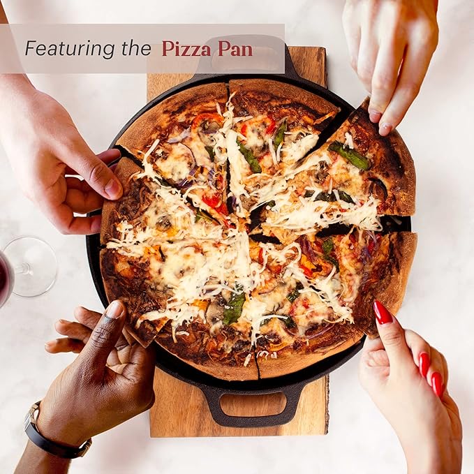 Cuisinel Cast Iron 18-Piece Preseasoned Cookware Set: 10+12 Skillets w/Lids + 5-Qt Dutch Oven + 10.5 Square Grill Pan w/Lid + Pizza Pan + Round Griddle + 15 Organizer +Scraper + Silicone Handle