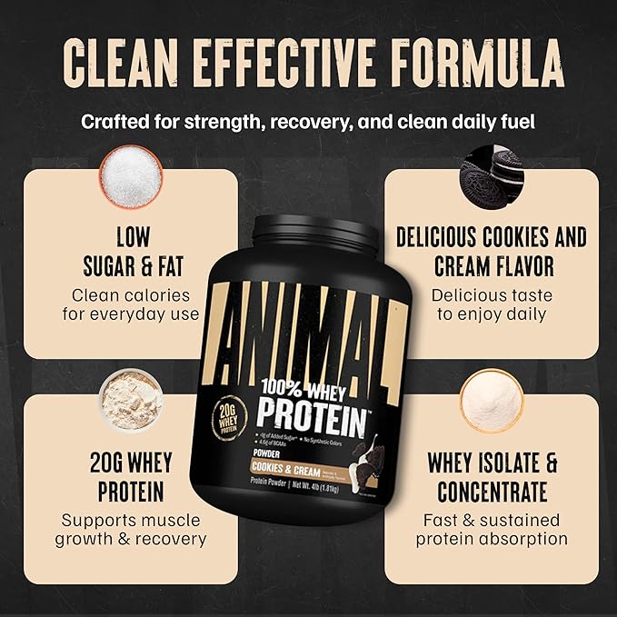 Animal 100% Whey Protein Powder – Whey Blend for Pre Workout or Post Workout Recovery Anytime Low Sugar Protein Boost Meal Replacement with BCAA Branched Chain Amino Acids – Cookies &amp Cream 4 l