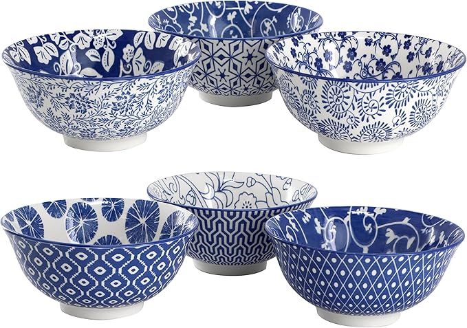 Elama Moxy 6 Piece Assorted Design 20 Ounce Porcelain Footed Blue Bowl Set Cereal Bowls Ice cream Bowls Serveware Tableware Set Dinnerware Set (Moxy)