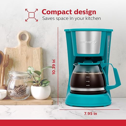 Holstein Housewares 5 Cup Drip Coffee Maker – Compact and User-Friendly with Auto Pause &amp Serve Reusable Filter Measuring Spoon &amp Glass Carafe Office &amp Dorm Use Teal
