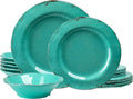 18-Piece Farmhouse Melamine Dinnerware Set - Shatterproof Lightweight and Durable Outdoor Dining Plates Bowls and Serving Dishes for Everyday Use Camping and Picnics Light Green