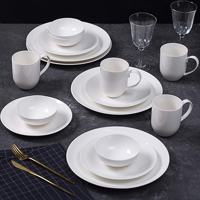 Bone China Coupe Shape Elegance White 16pc Dinnerware Set