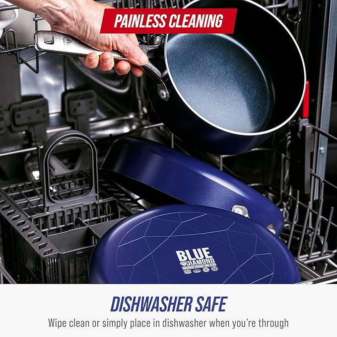 Blue Diamond 9 Piece Nonstick Cookware Set Diamond Ceramic Pots &amp Pans Dishwasher &amp Metal Utensil Safe Non Toxic PFAS-Free Kitchen Cooking Sauce &amp Saute Pans Oven &amp Broiler to 600
