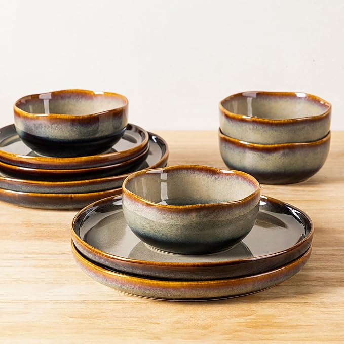 TheTerra Ceramic Dinnerware Sets for 4 12 Pieces Porcelain Lightweight Plates and Bowls Sets Scratch Resistant Dish Set Oven &amp Microwave &amp Dishwasher Safe Coffee Bean